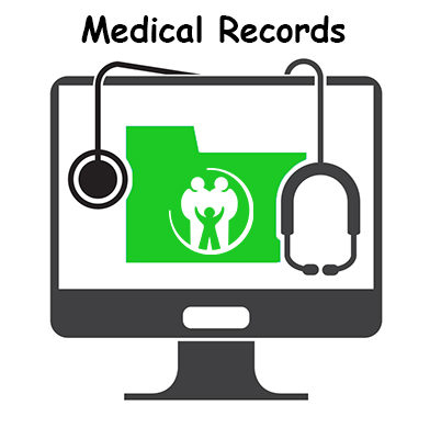 Computer screen with stethoscope and green file folder with settlement health logo
